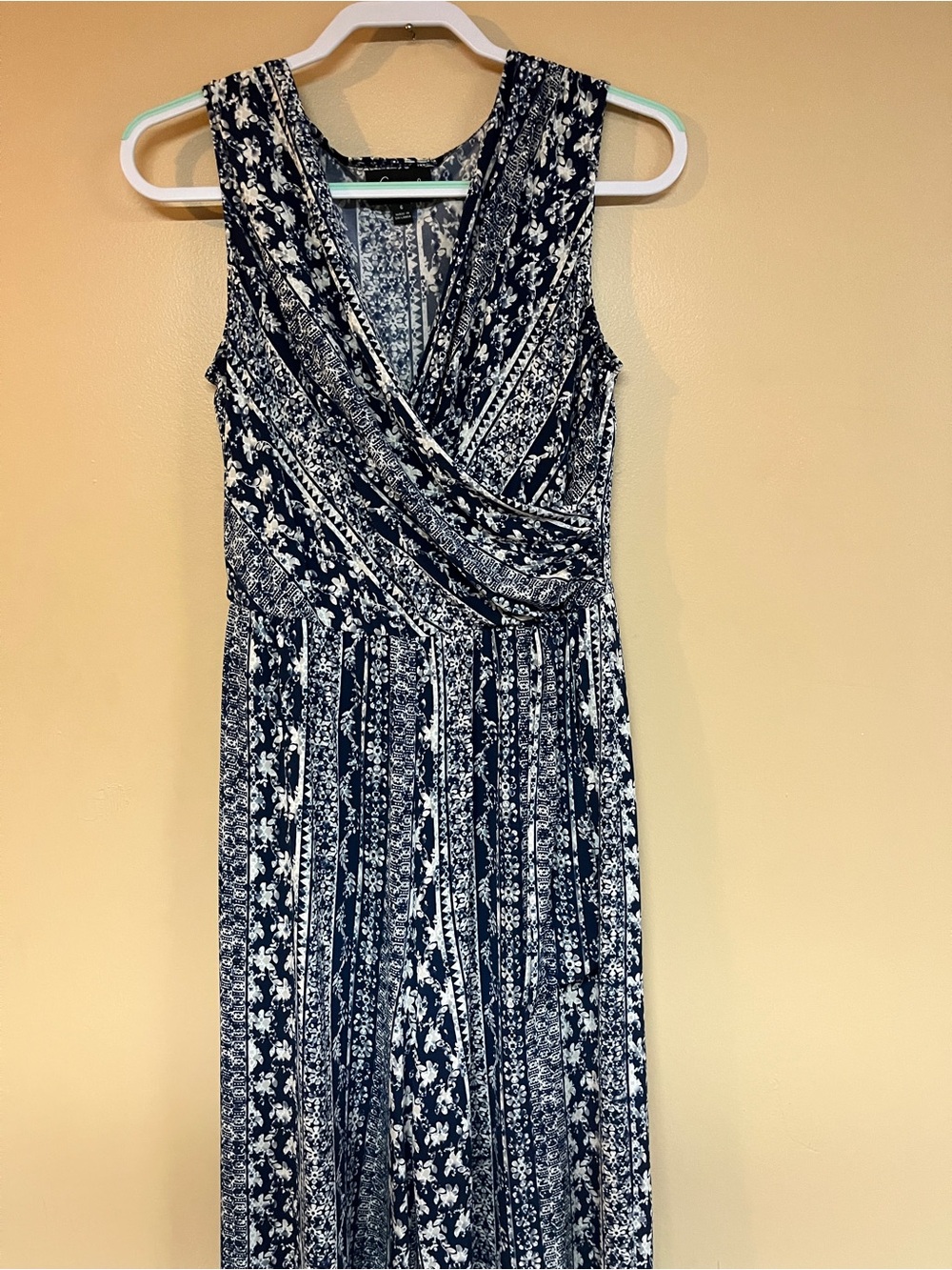 connected apparel Navy and White Floral Faux-Wrap Midi Jumpsuit
